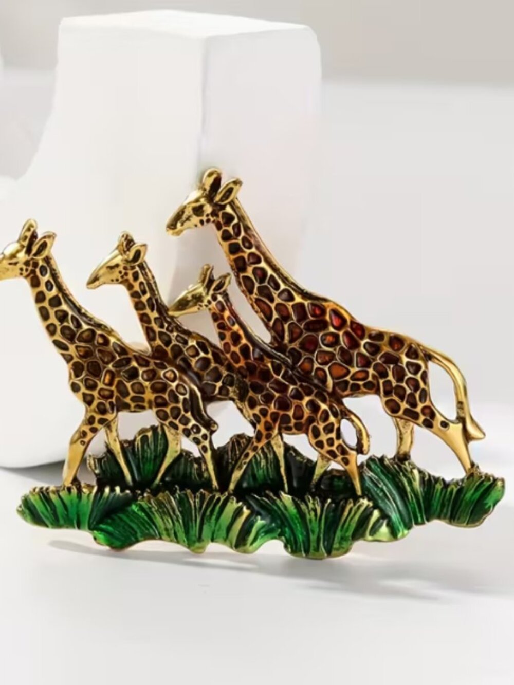 Colorful Goldtoned Enamel Giraffe Family on Grass Decorated Brooch Pin